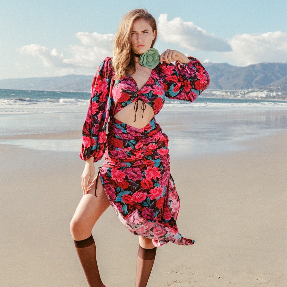 For Love And Lemons Pink Floral Midi Dress